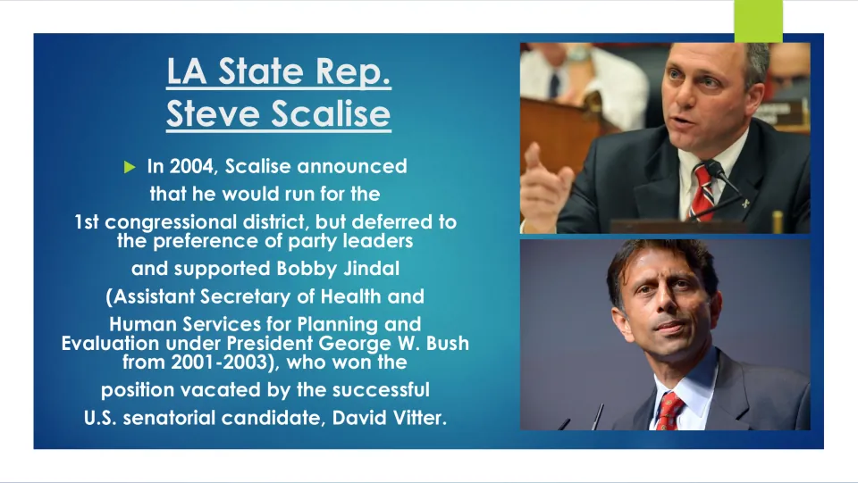 Political career slide explaining Scalise's 2004 congressional plans and decision to support Bobby Jindal