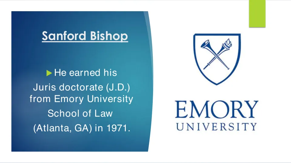 Biography slide stating that Bishop earned his J.D. from Emory University School of Law in 1971