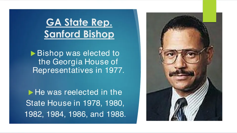 Biography slide listing Bishop’s Georgia House election in 1977 and six reelections from 1978 to 1988