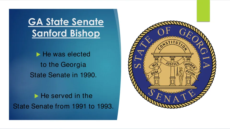 Biography slide recording Bishop’s election to the Georgia State Senate in 1990 and service from 1991 to 1993