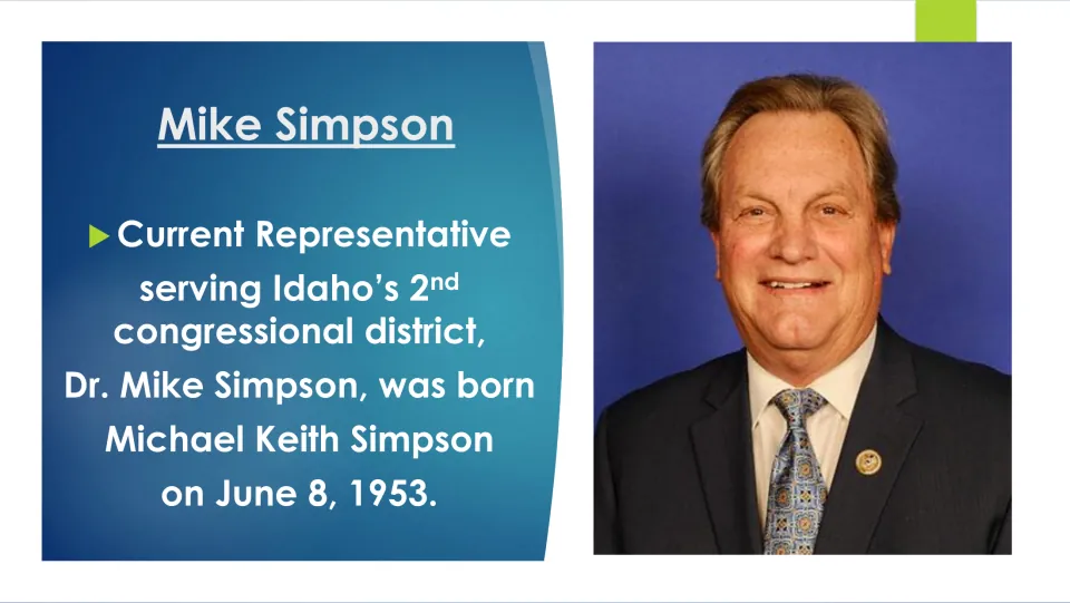 Biography slide giving Mike Simpson's full name, Michael Keith Simpson, and birthdate of June 8, 1953