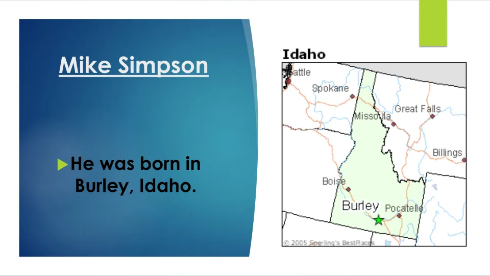 Biography slide naming Burley, Idaho, as Mike Simpson's birthplace, with a map marking the city's location