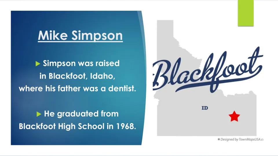Biography slide describing Mike Simpson's Blackfoot upbringing and listing his high school graduation as 1968