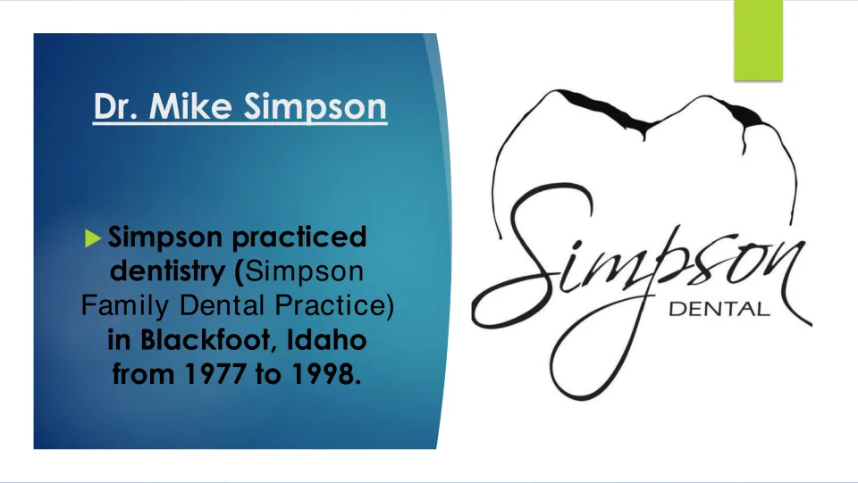Biography slide describing Mike Simpson's dental practice in Blackfoot, Idaho, from 1977 through 1998