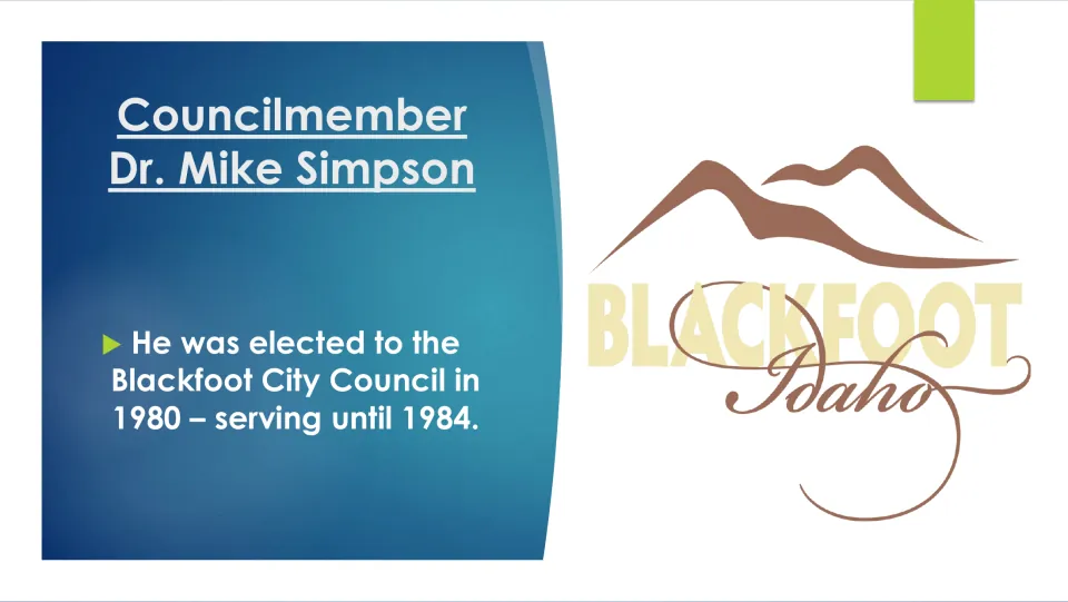 Biography slide covering Mike Simpson's 1980 election to Blackfoot City Council and service until 1984