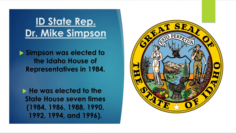 Biography slide listing Mike Simpson's seven Idaho House election years, from 1984 through 1996