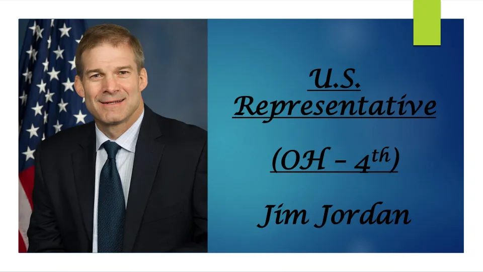 Biography presentation cover identifying Jim Jordan as the U.S. representative for Ohio's 4th district
