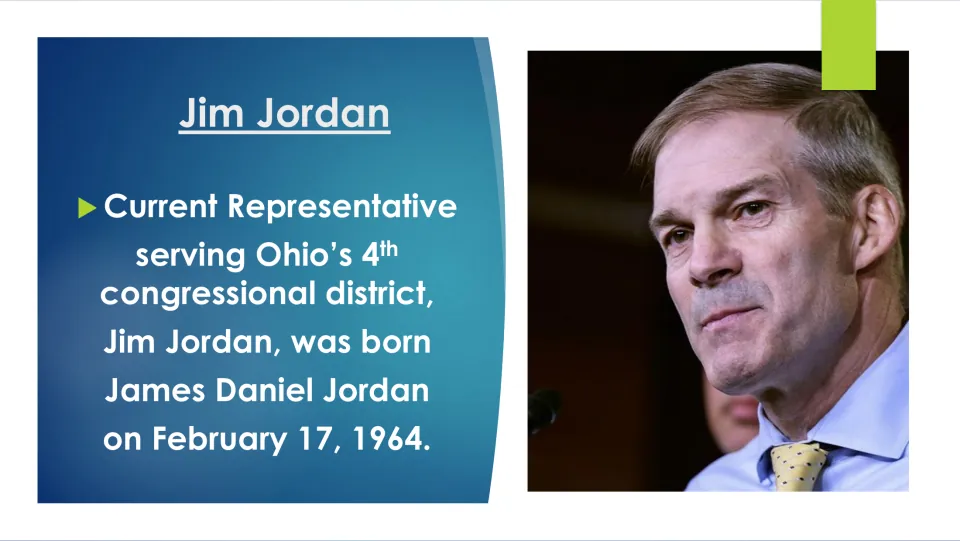 Biography slide introducing Jim Jordan as James Daniel Jordan, born February 17, 1964, with his portrait