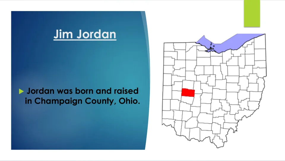 Biography slide stating Jim Jordan was born and raised in Champaign County, Ohio, beside a county map