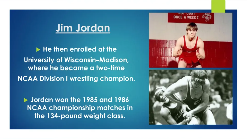 Biography slide covering Jim Jordan's 1985 and 1986 NCAA wrestling titles at Wisconsin in the 134-pound class