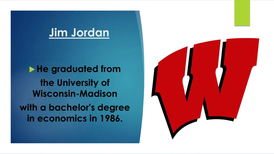 Biography slide noting Jim Jordan earned a bachelor's degree in economics at Wisconsin–Madison in 1986