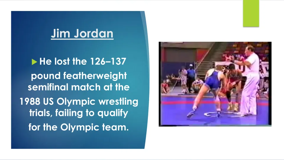 Biography slide explaining Jim Jordan's semifinal loss at the 1988 U.S. Olympic wrestling trials