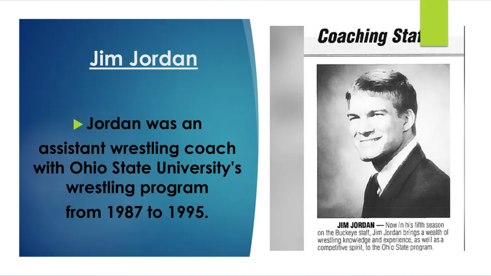 Biography slide describing Jim Jordan's work as an Ohio State assistant wrestling coach from 1987 to 1995
