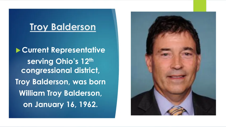Biography slide introducing William Troy Balderson, born January 16, 1962, and Ohio’s 12th district