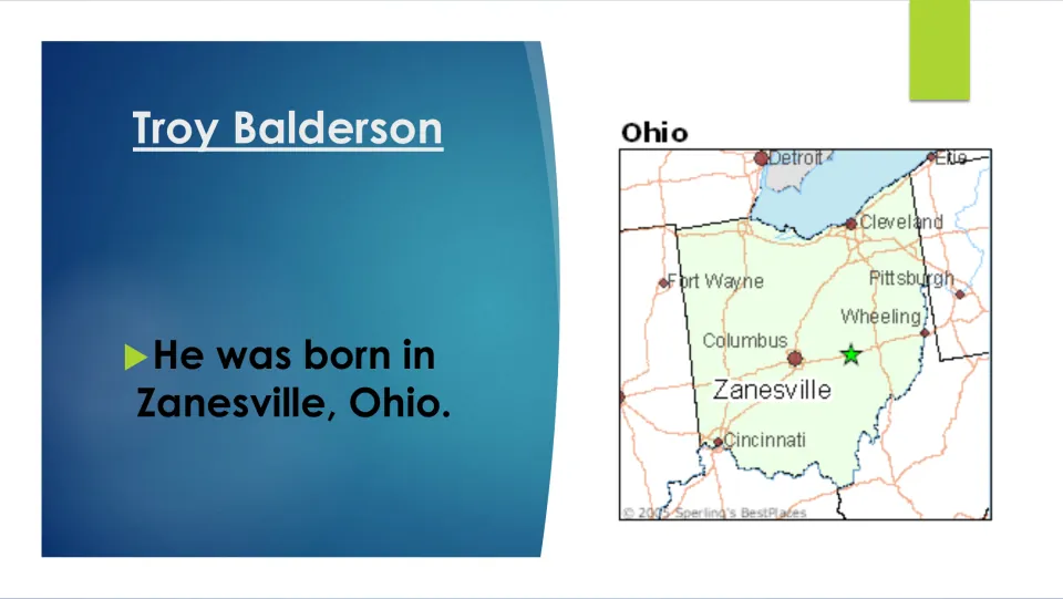 Biography slide naming Zanesville, Ohio, as Troy Balderson’s birthplace, with a map marking the city