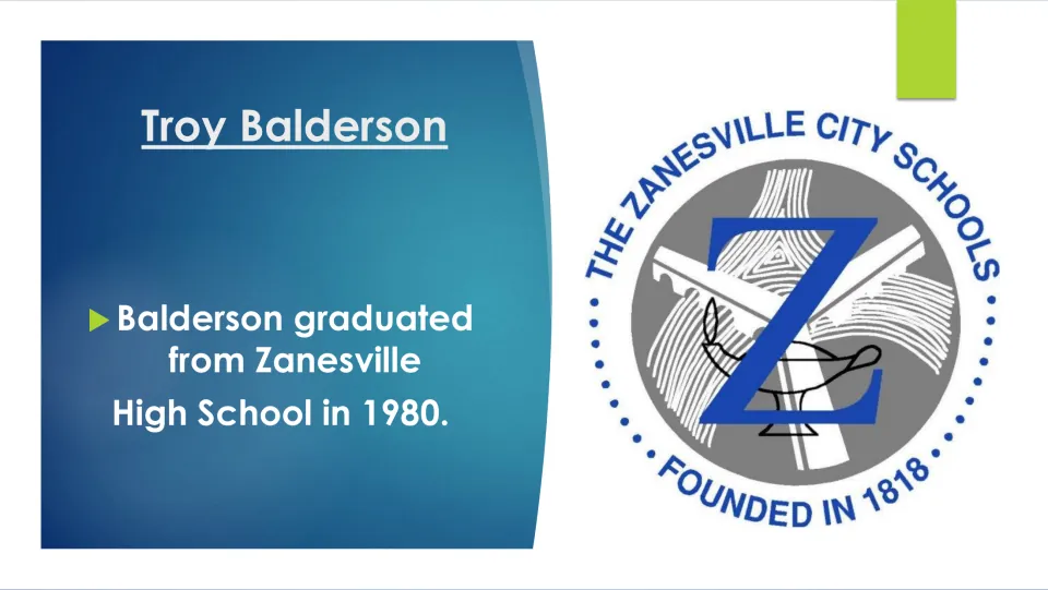 Biography slide stating that Troy Balderson graduated from Zanesville High School in 1980