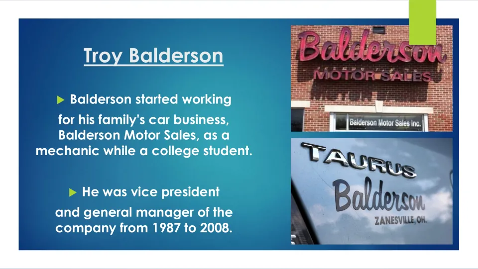 Biography slide tracing Balderson’s work as a mechanic and as vice president and general manager from 1987–2008