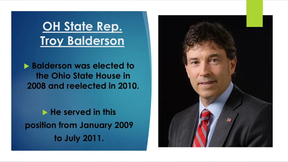 Biography slide covering Balderson’s Ohio House elections in 2008 and 2010 and service from 2009 to 2011