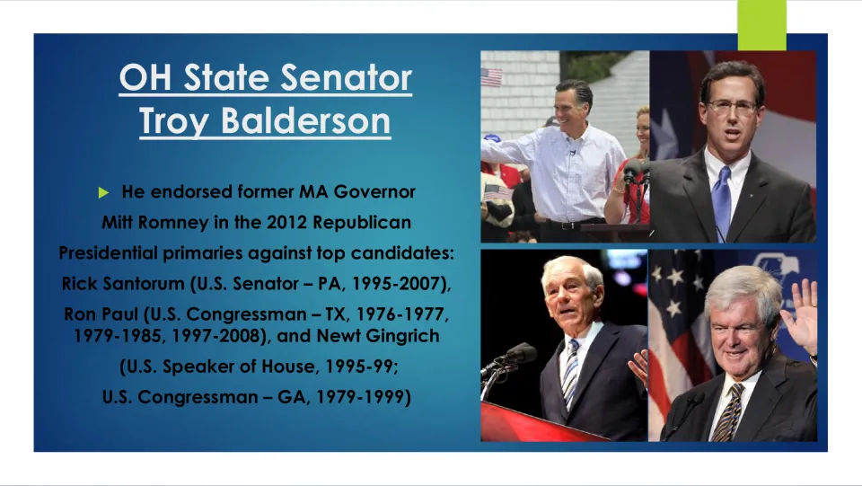 Biography slide on Balderson’s 2012 endorsement of Mitt Romney against Rick Santorum, Ron Paul, and Newt Gingrich