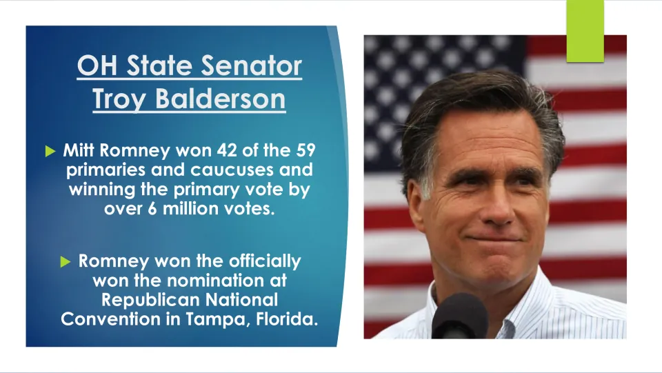 Biography slide reporting Romney’s wins in 42 of 59 primaries and caucuses and his nomination in Tampa