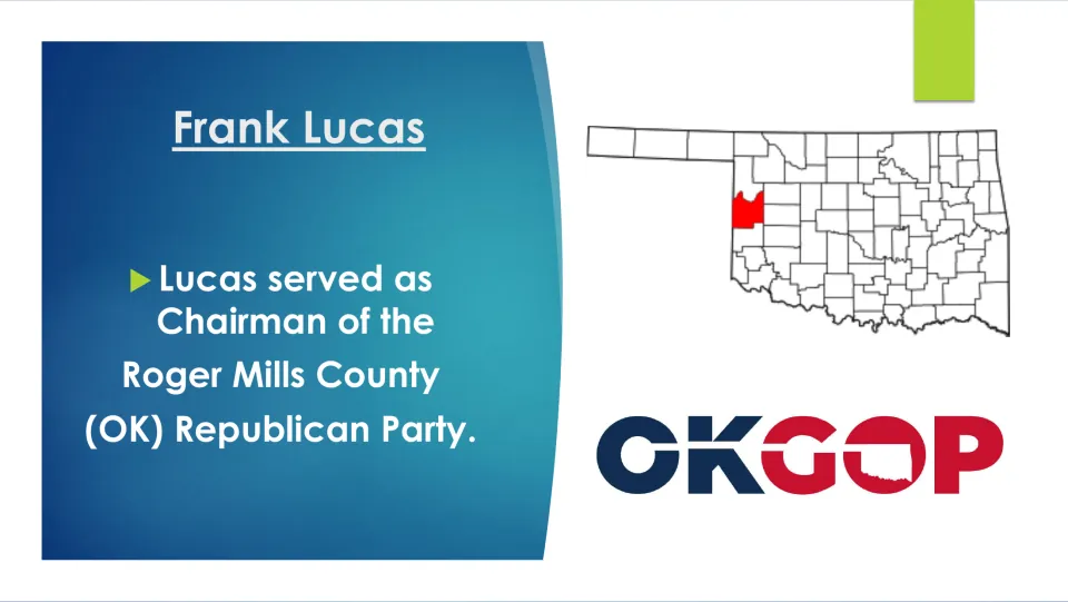 Political biography slide noting Frank Lucas served as chairman of the Roger Mills County Republican Party