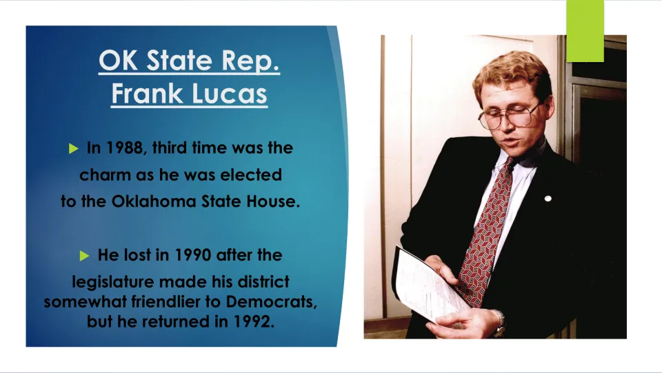 State House biography slide tracing Frank Lucas's 1988 election, 1990 defeat, and return in 1992