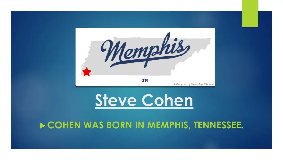 Biography slide stating Steve Cohen was born in Memphis, Tennessee, with Memphis marked on a state map