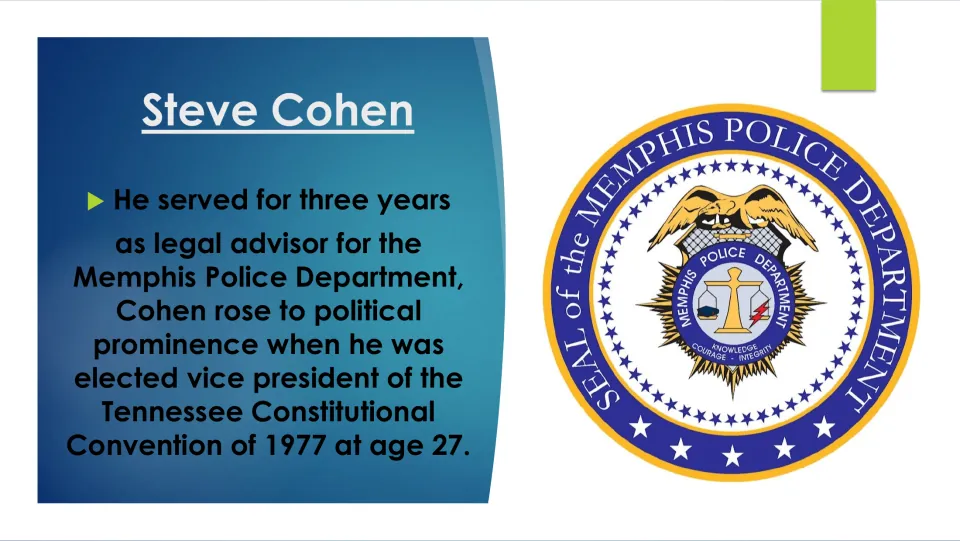Biography slide on Cohen’s Memphis police legal work and vice presidency of Tennessee’s 1977 convention