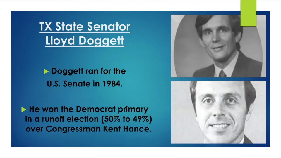 Political career slide on Doggett’s 1984 U.S. Senate bid and primary runoff win over Kent Hance, 50% to 49%