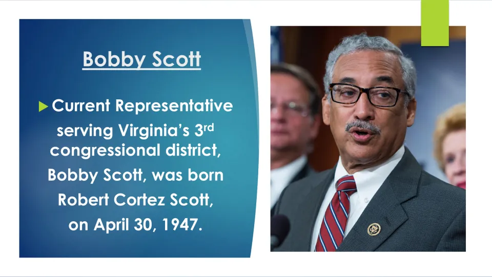 Biography slide identifying Bobby Scott as Robert Cortez Scott, born April 30, 1947, with his portrait
