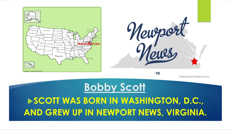 Biography slide tracing Bobby Scott's birthplace to Washington, D.C., and childhood to Newport News, Virginia