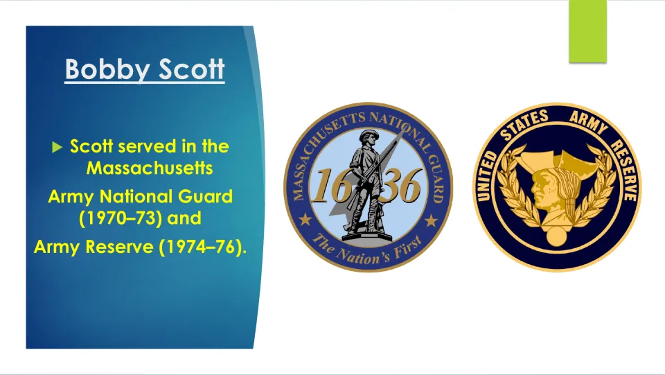 Biography slide listing Scott's Massachusetts Army National Guard (1970–73) and Army Reserve (1974–76) service