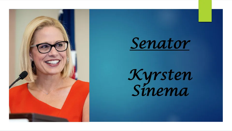 Biography presentation cover titled 'Senator Kyrsten Sinema,' featuring her portrait at a microphone