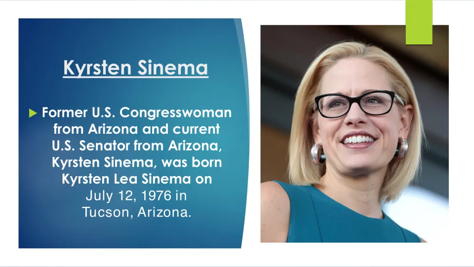 Biography slide introducing Kyrsten Lea Sinema, born July 12, 1976, in Tucson, Arizona, and her federal roles