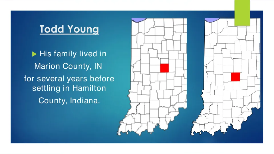 Biography slide tracing Todd Young's family move from Marion County to Hamilton County, Indiana, with maps
