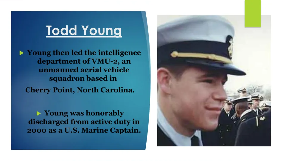 Biography slide on Todd Young's VMU-2 intelligence leadership and honorable discharge as a Marine captain in 2000