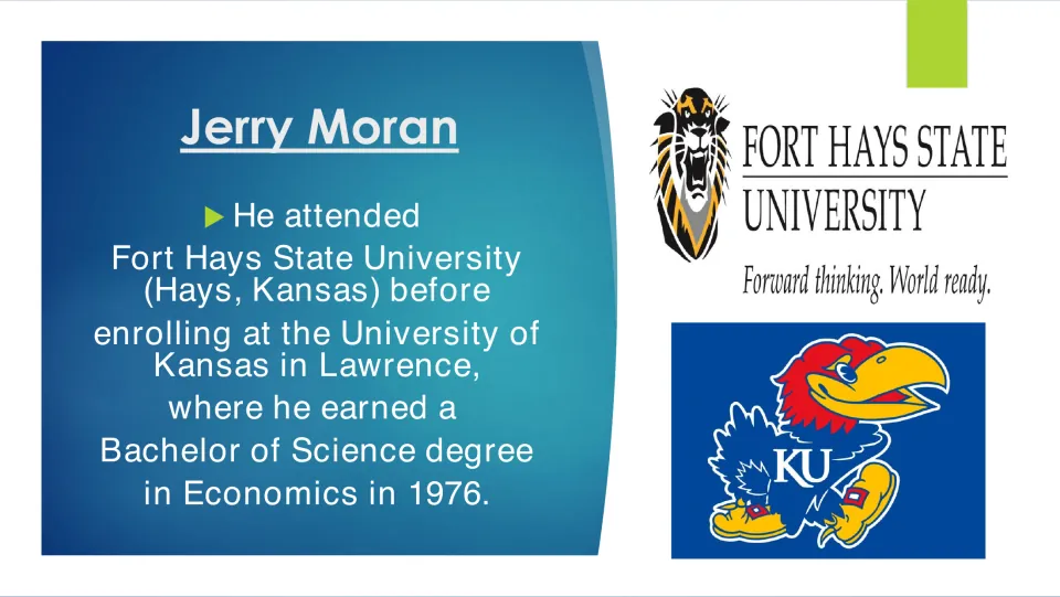 Biography slide tracing Moran's studies at Fort Hays State and his 1976 University of Kansas economics degree