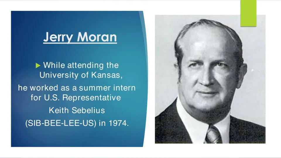 Biography slide detailing Jerry Moran's 1974 summer internship with U.S. Representative Keith Sebelius