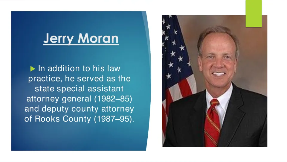 Biography slide listing Moran's service as state special assistant attorney general and deputy county attorney