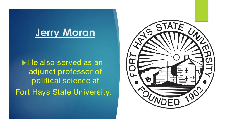 Biography slide noting Moran's service as an adjunct professor of political science at Fort Hays State University