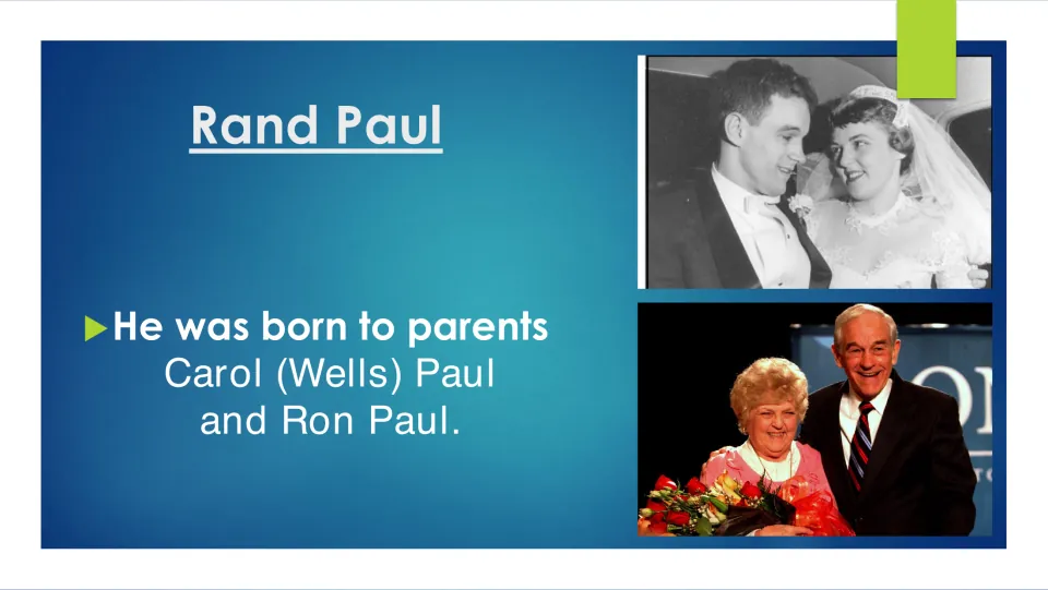 Family background slide naming Rand Paul's parents, Carol (Wells) Paul and Ron Paul, with two photos of them