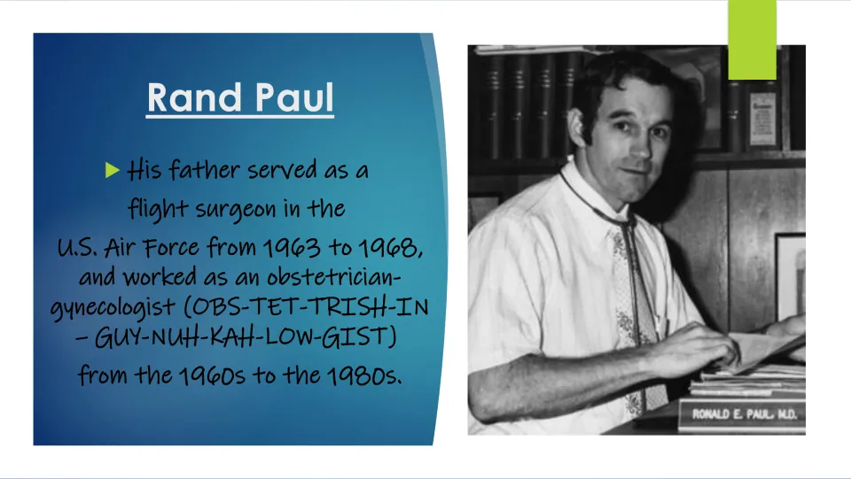 Family background slide describing Ron Paul's service as an Air Force flight surgeon and his work as an OB-GYN