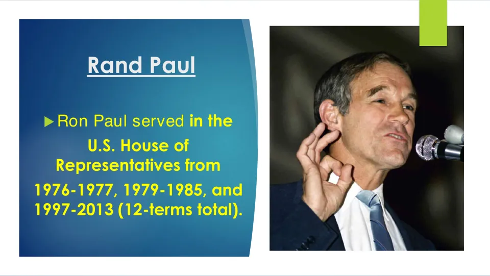 Family background slide listing Ron Paul's House service: 1976–1977, 1979–1985, and 1997–2013, totaling 12 terms