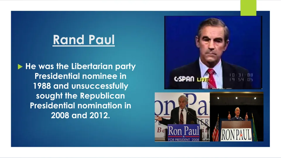 Family background slide covering Ron Paul's 1988 Libertarian nomination and 2008 and 2012 Republican bids