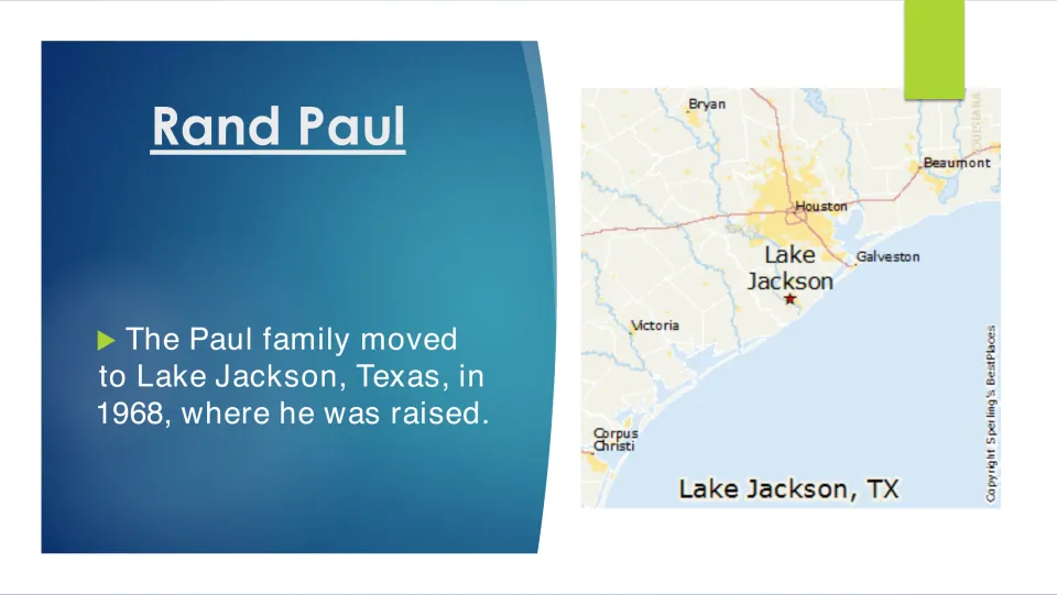 Childhood biography slide describing the Paul family's 1968 move to Lake Jackson, Texas, with a location map