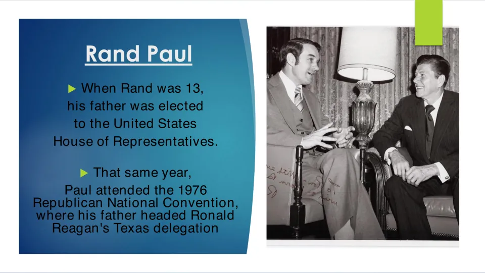 Childhood biography slide on Rand Paul at age 13, his father's House election, and the 1976 Republican convention