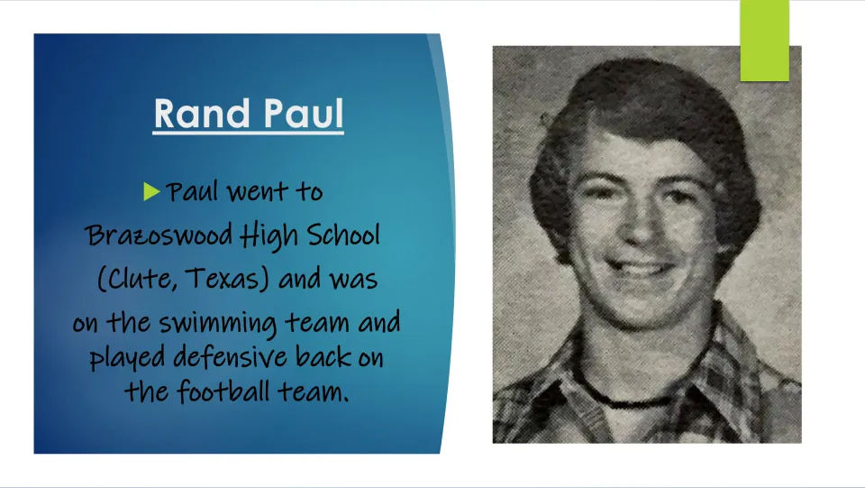Education biography slide covering Rand Paul's years at Brazoswood High School and his swimming and football