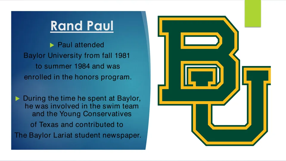 Education biography slide on Rand Paul's 1981–1984 Baylor attendance, honors program, swimming, and student writing