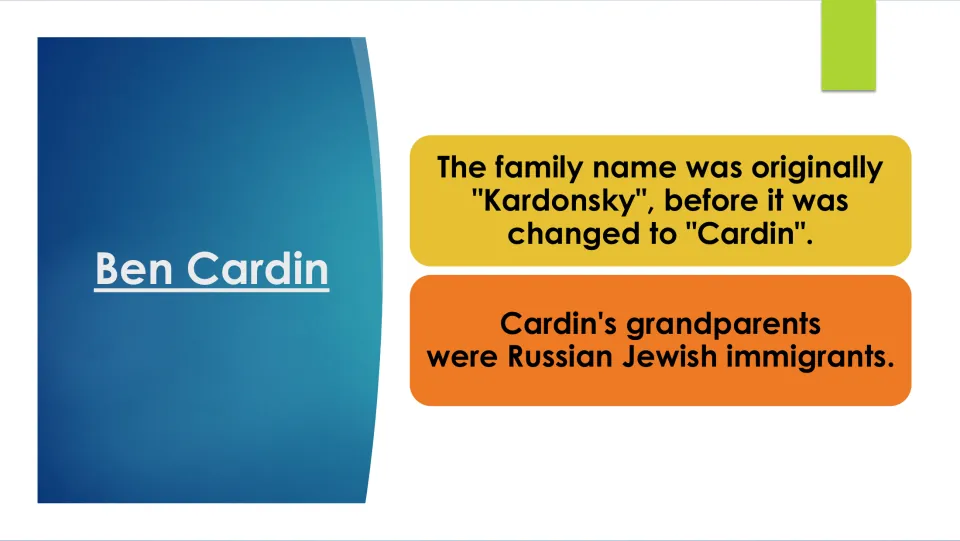 Family history slide explaining the change from 'Kardonsky' to 'Cardin' and his Russian Jewish grandparents