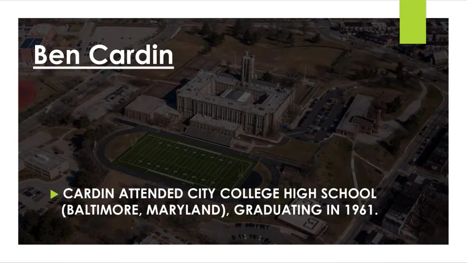Education slide noting Ben Cardin's 1961 graduation from City College High School in Baltimore, Maryland